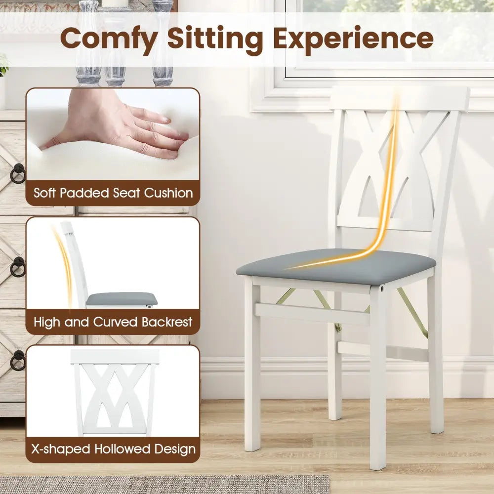Folding Wooden Dining Chair Set of 2 Faux Leather Upholstered Kitchen Armless Chairs-White - White - Dining Chairs