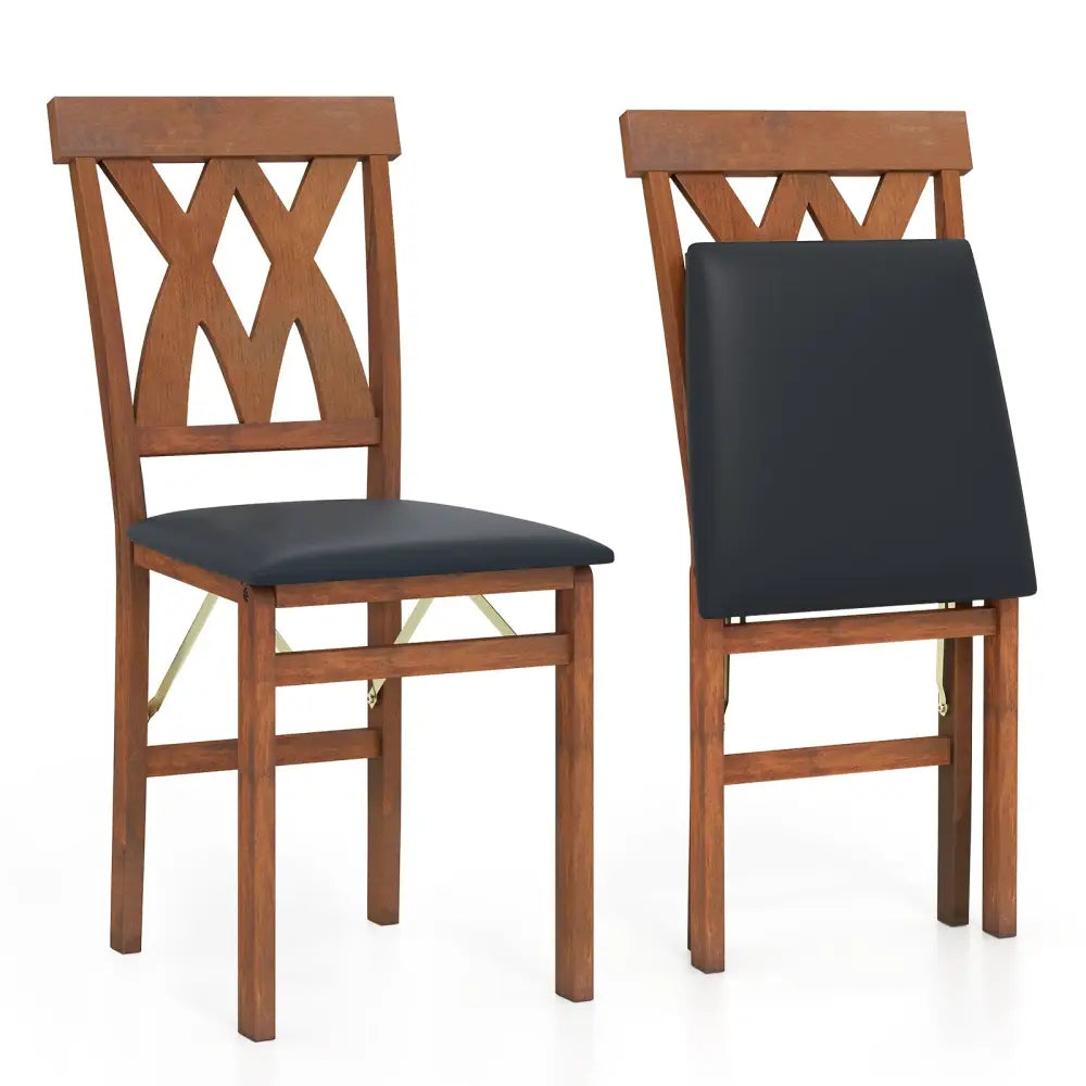 Folding Wooden Dining Chair Set of 2 Faux Leather Upholstered Kitchen Armless Chairs-Walnut - Walnut - Dining Chairs
