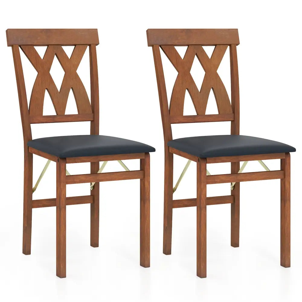Folding Wooden Dining Chair Set of 2 Faux Leather Upholstered Kitchen Armless Chairs-Walnut - Walnut - Dining Chairs