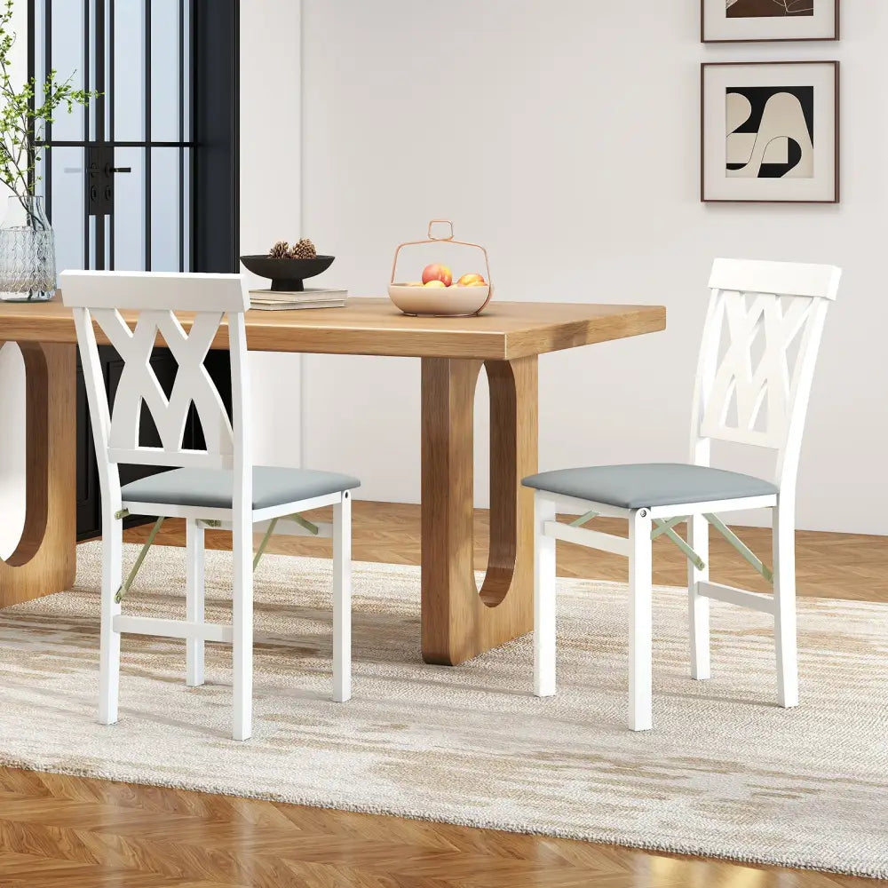 Folding Wooden Dining Chair Set of 2 Faux Leather Upholstered Kitchen Armless Chairs-White - White - Dining Chairs