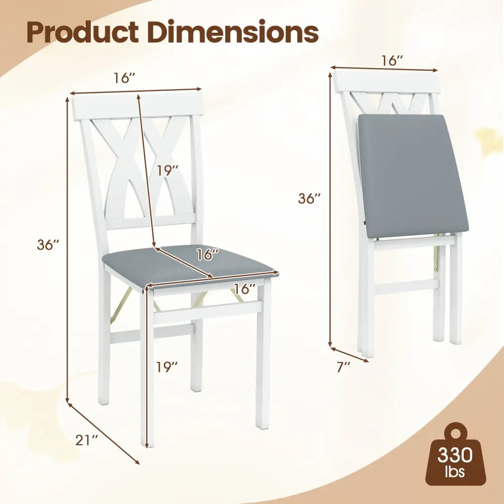 Folding Wooden Dining Chair Set of 2 Faux Leather Upholstered Kitchen Armless Chairs-White - White - Dining Chairs
