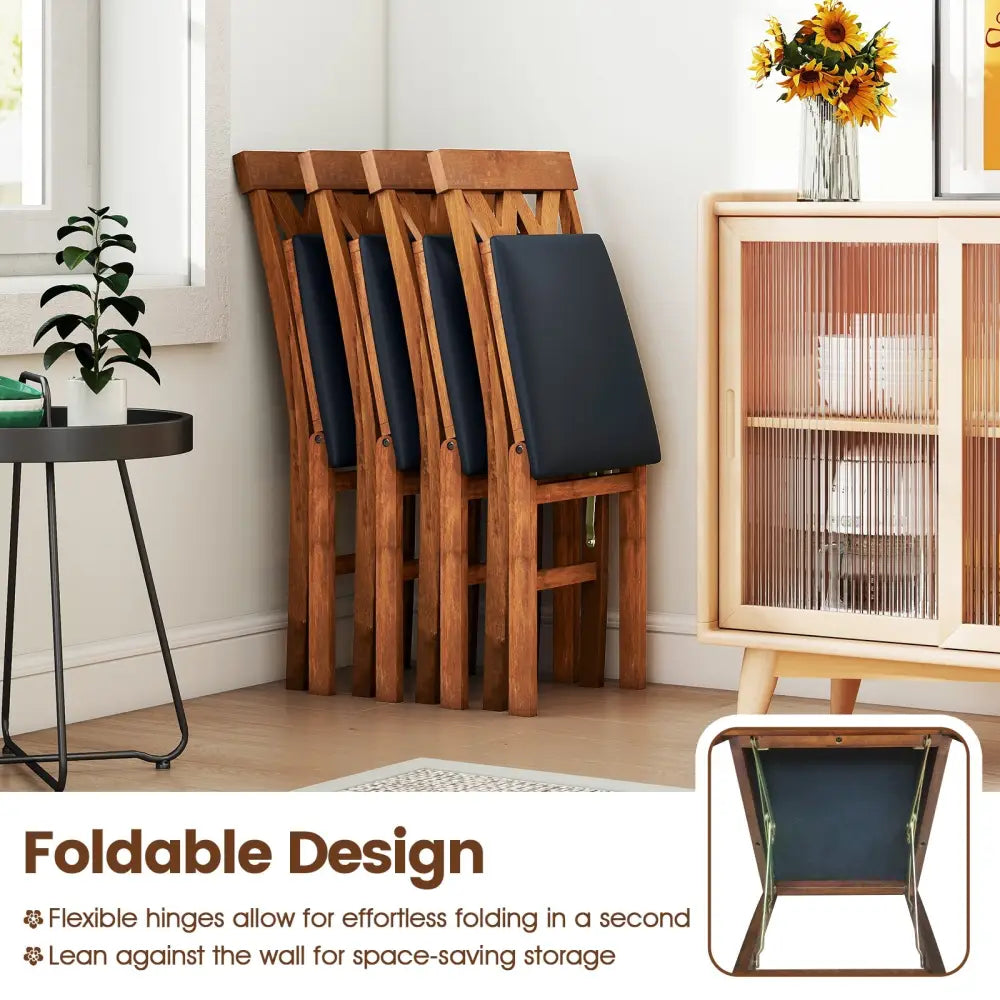 Folding Wooden Dining Chair Set of 2 Faux Leather Upholstered Kitchen Armless Chairs-Walnut - Walnut - Dining Chairs