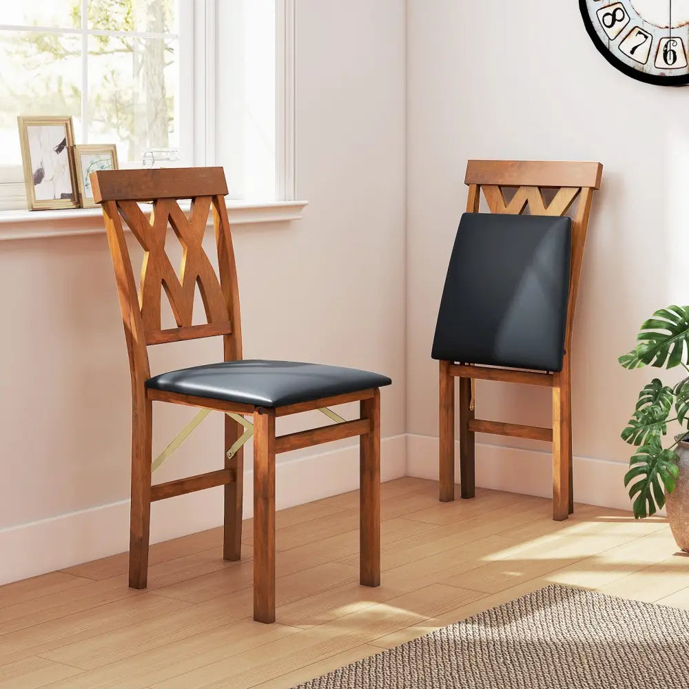 Folding Wooden Dining Chair Set of 2 Faux Leather Upholstered Kitchen Armless Chairs-Walnut - Walnut - Dining Chairs