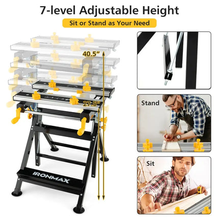 Folding Work Table with Tiltable Platform and 7-level Adjustable Height-Black - Black - Garages