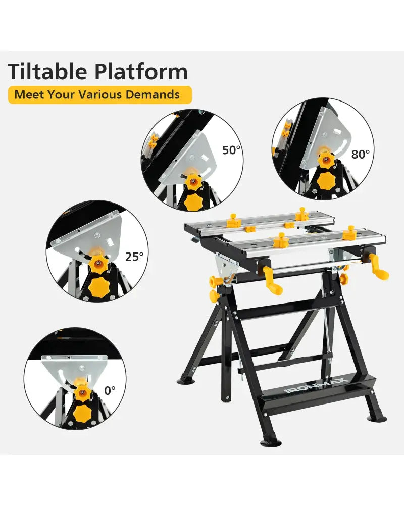 Folding Work Table with Tiltable Platform and 7-level Adjustable Height-Black - Black - Garages