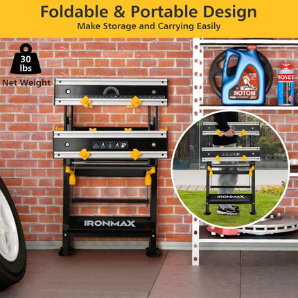 Folding Work Table with Tiltable Platform and 7-level Adjustable Height-Black - Black - Garages