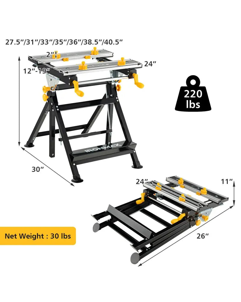 Folding Work Table with Tiltable Platform and 7-level Adjustable Height-Black - Black - Garages