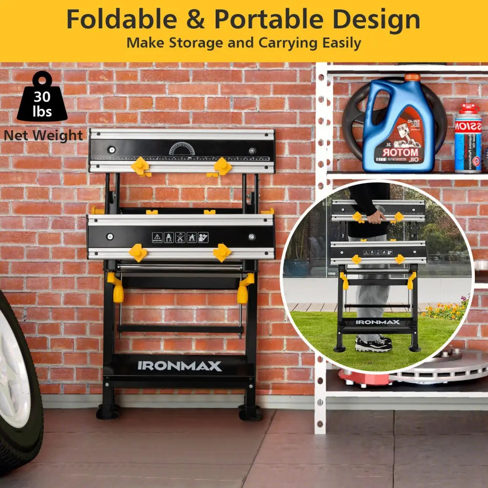 Folding Work Table with Tiltable Platform and 7-level Adjustable Height-Black - Black - Garages