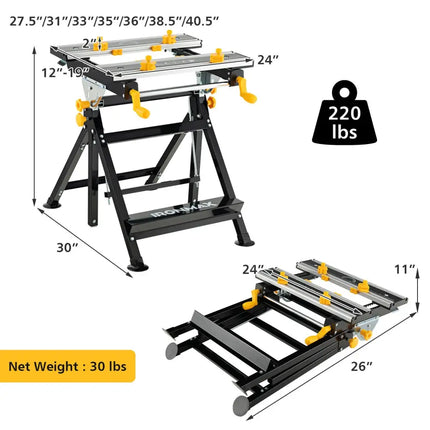 Folding Work Table with Tiltable Platform and 7-level Adjustable Height-Black - Black - Garages