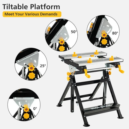Folding Work Table with Tiltable Platform and 7-level Adjustable Height-Black - Black - Garages