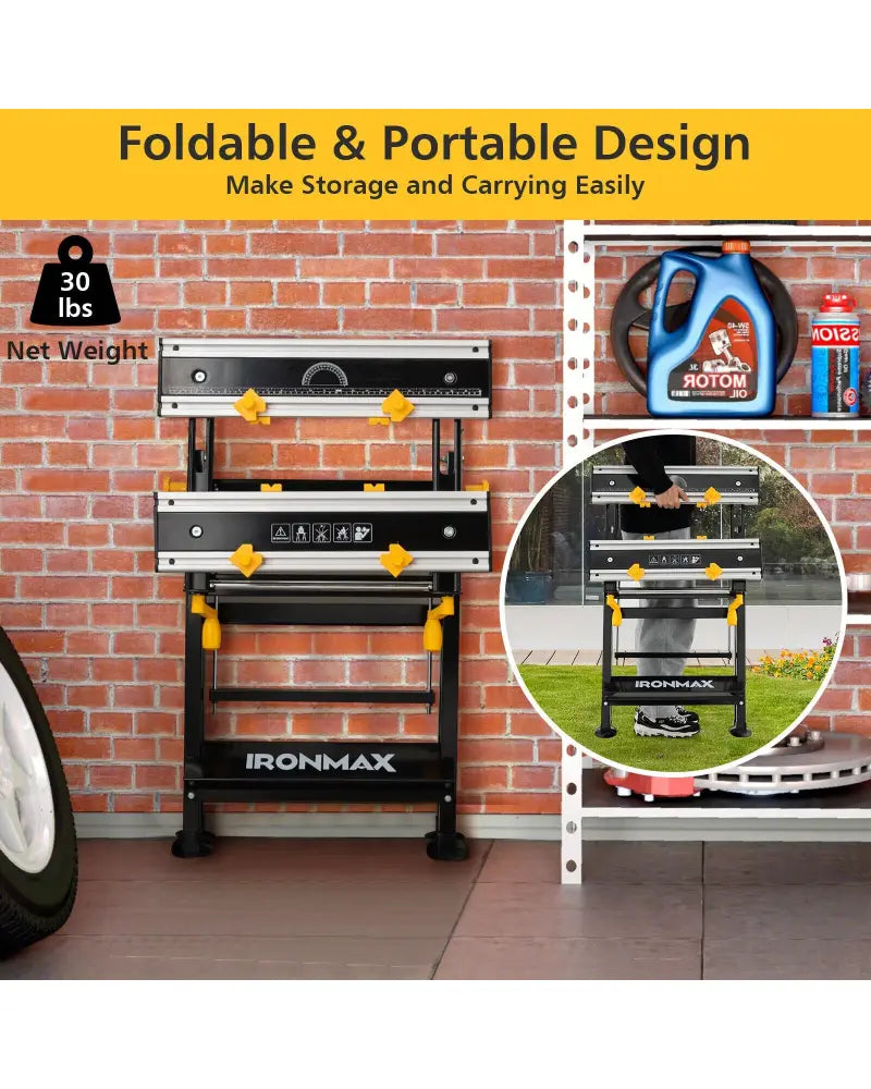 Folding Work Table with Tiltable Platform and 7-level Adjustable Height-Black - Black - Garages