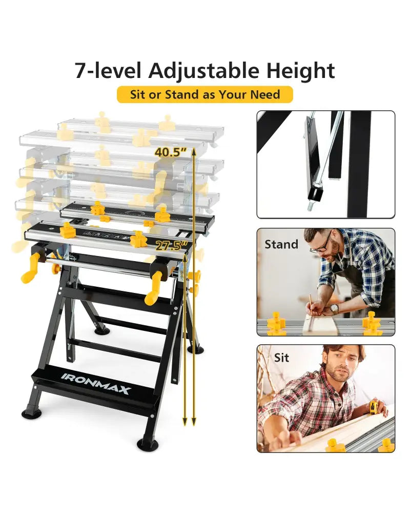 Folding Work Table with Tiltable Platform and 7-level Adjustable Height-Black - Black - Garages
