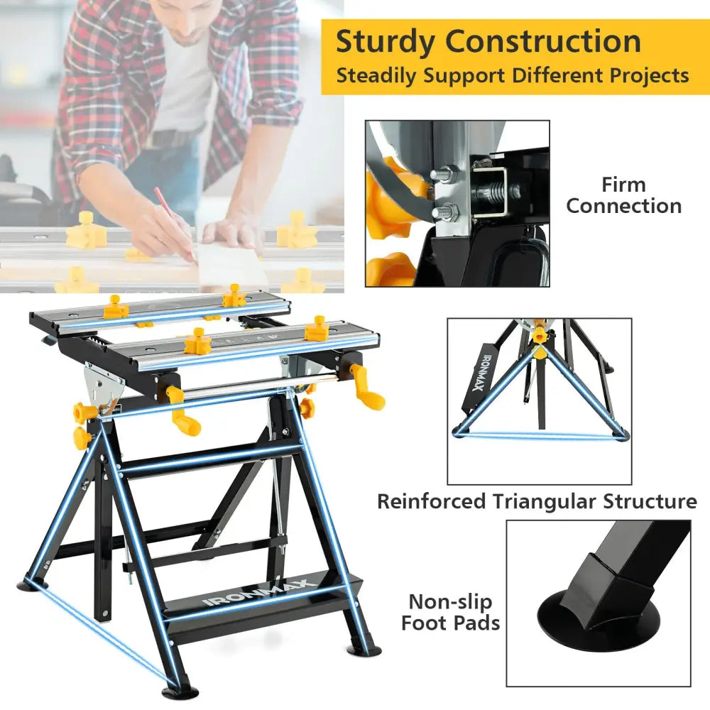 Folding Work Table with Tiltable Platform and 7-level Adjustable Height-Black - Black - Garages