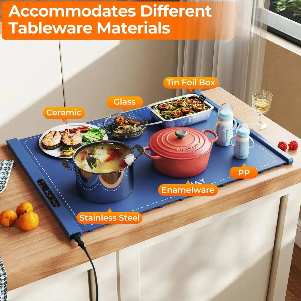 Food Warming Mat Rollable and Portable Electric Warming Tray with Fasting Heating-Blue Costway