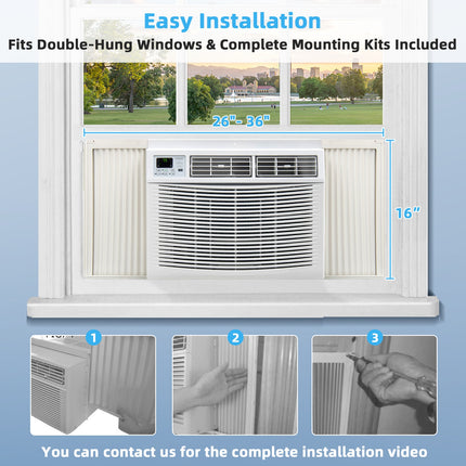 Window air conditioner with installation instructions and measurements on a blue background