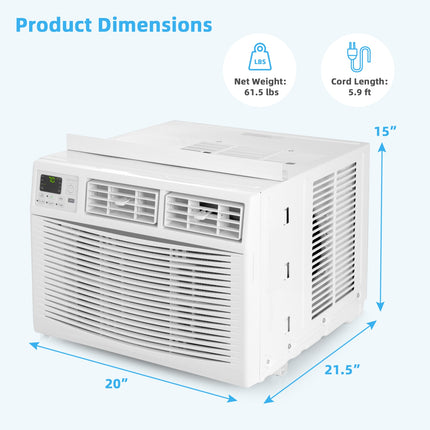 White window air conditioner with dimensions and weight information on a white background