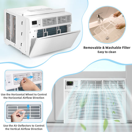 Air conditioner with features highlighted, including a removable filter and control options.