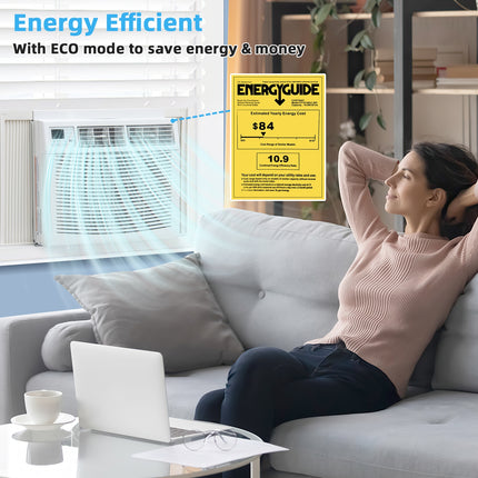 Woman relaxing on a couch with a laptop, energy guide poster in the background