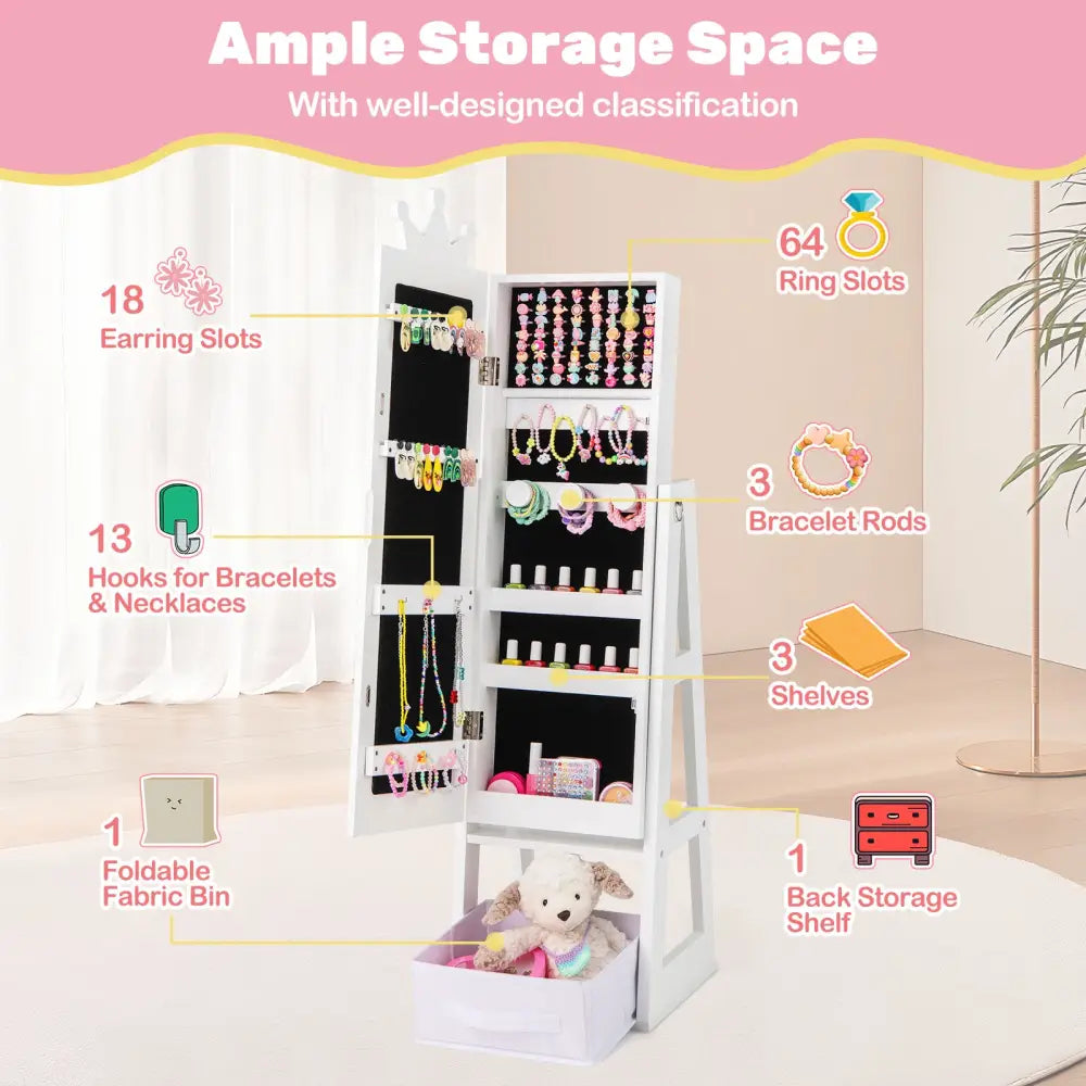 Free-Standing Full Length Kids Jewelry Armoire Cabinet with Storage Capacity-White - White - Kids Vanities