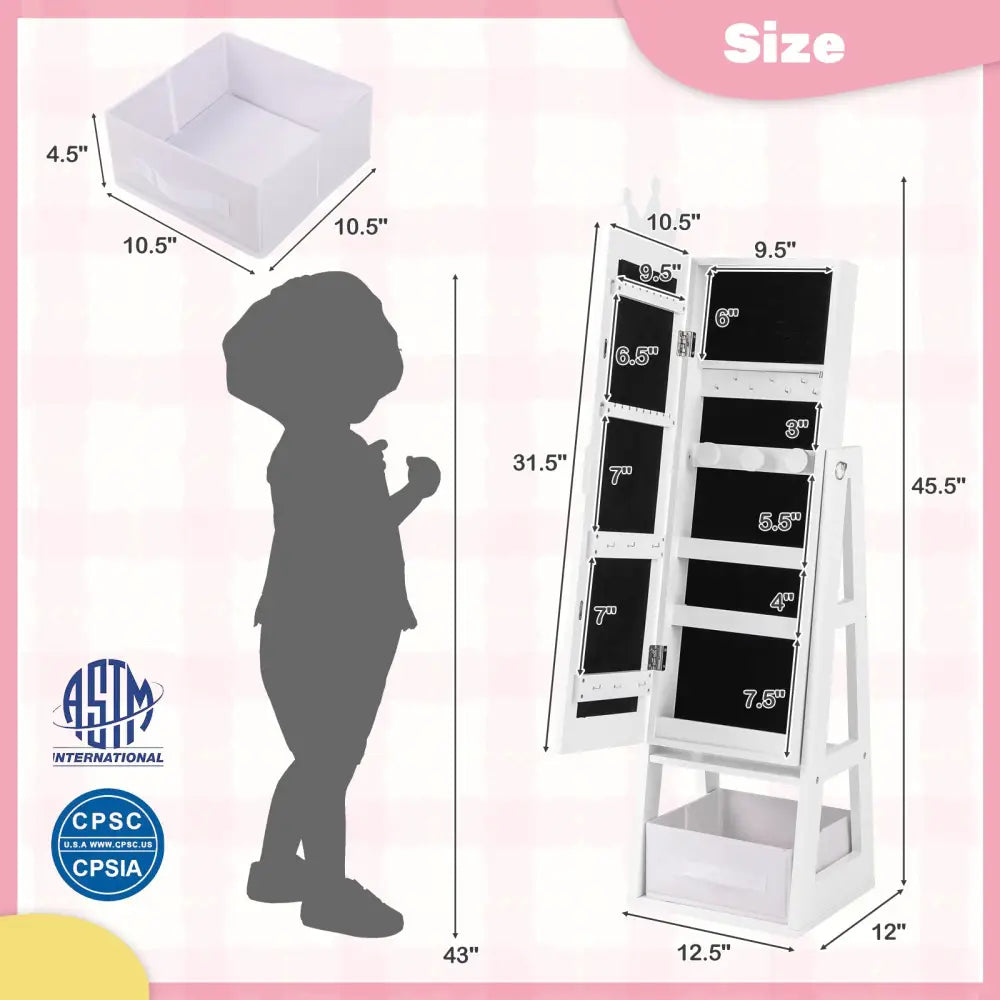 Free-Standing Full Length Kids Jewelry Armoire Cabinet with Storage Capacity-White - White - Kids Vanities