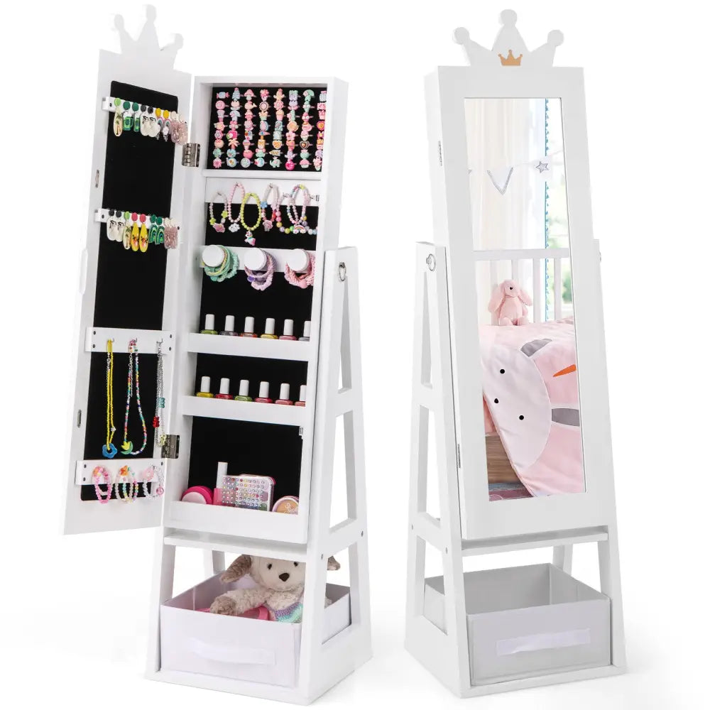 Free-Standing Full Length Kids Jewelry Armoire Cabinet with Storage Capacity-White - White - Kids Vanities