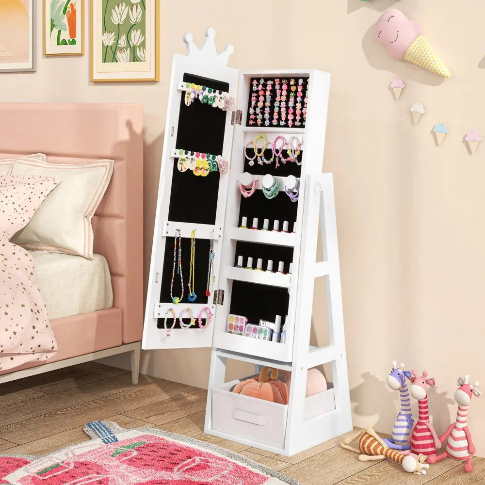 Free-Standing Full Length Kids Jewelry Armoire Cabinet with Storage Capacity-White - White - Kids Vanities