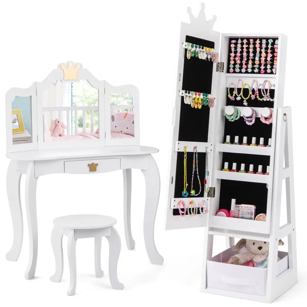 Free-Standing Full Length Kids Jewelry Armoire Cabinet with Storage Capacity-White - White - Kids Vanities