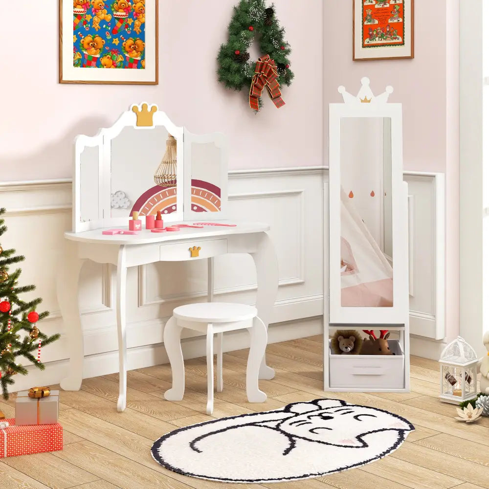 Free-Standing Full Length Kids Jewelry Armoire Cabinet with Storage Capacity-White - White - Kids Vanities
