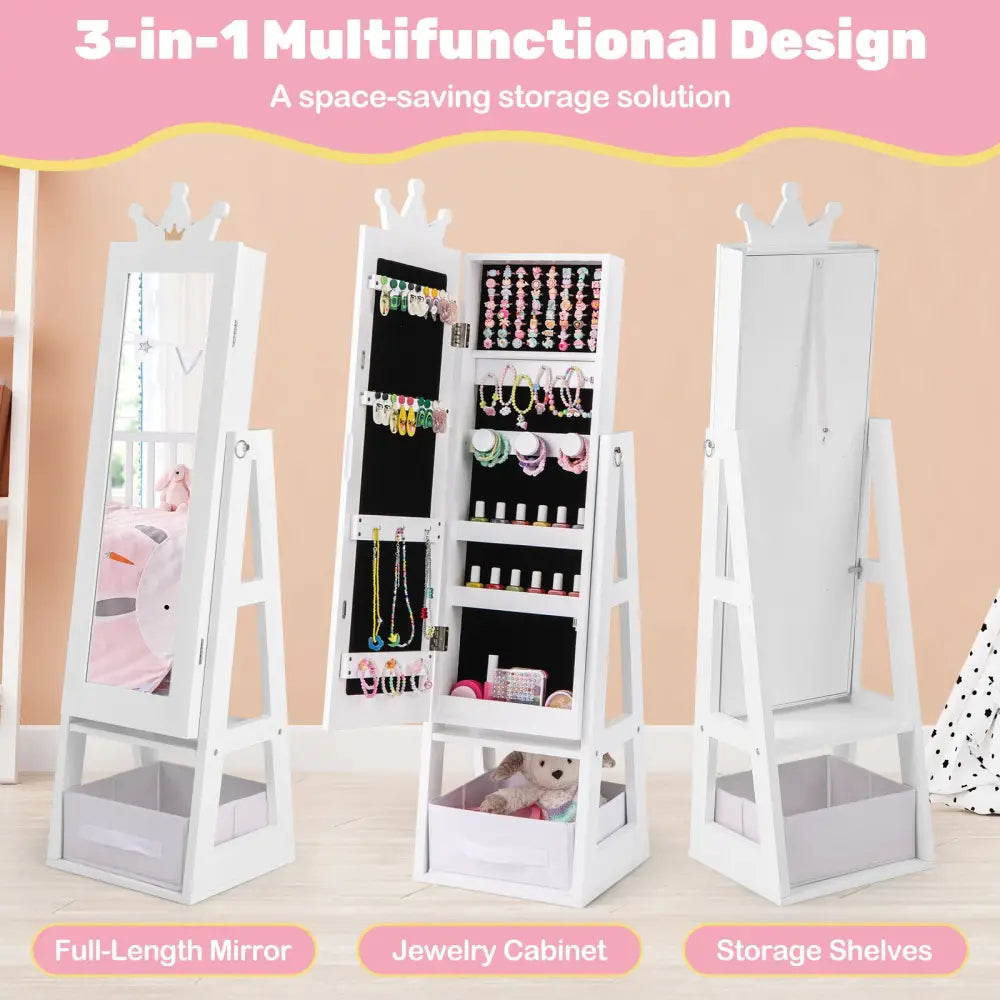 Free-Standing Full Length Kids Jewelry Armoire Cabinet with Storage Capacity-White - White - Kids Vanities