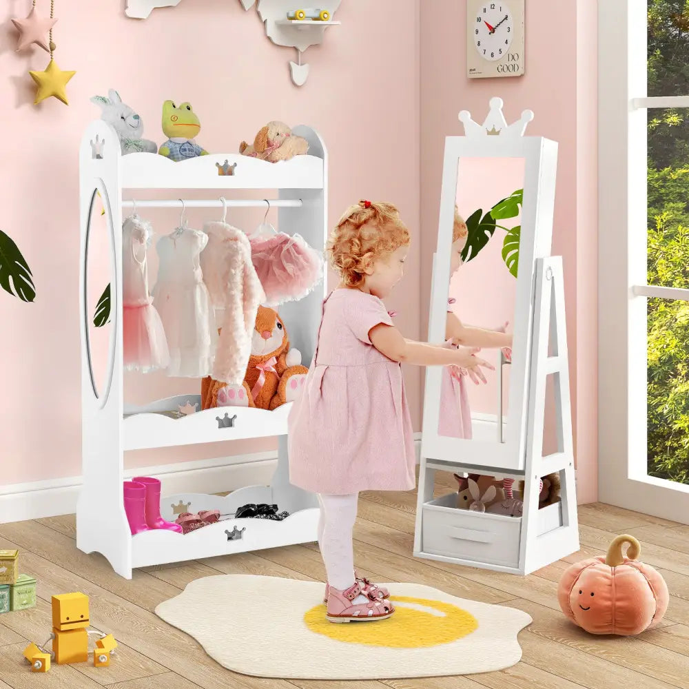 Free-Standing Full Length Kids Jewelry Armoire Cabinet with Storage Capacity-White - White - Kids Vanities