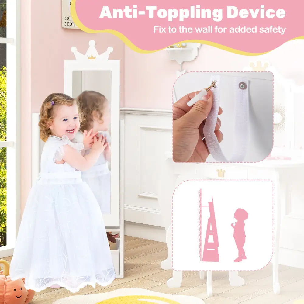 Free-Standing Full Length Kids Jewelry Armoire Cabinet with Storage Capacity-White - White - Kids Vanities