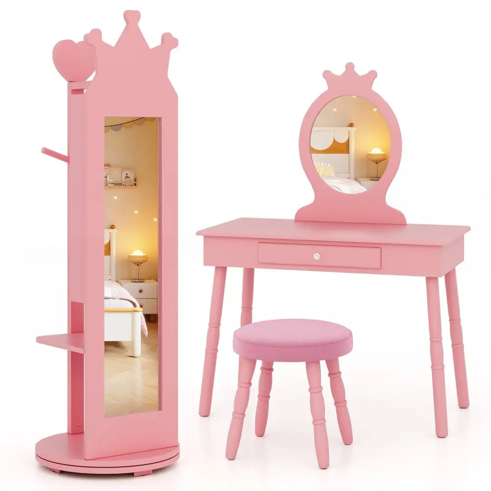 Free-Standing Full Length Mirror Kids Jewelry Armoire Cabinet-Pink - Pink - Kids Vanities
