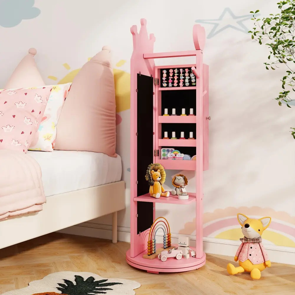Free-Standing Full Length Mirror Kids Jewelry Armoire Cabinet-Pink - Pink - Kids Vanities