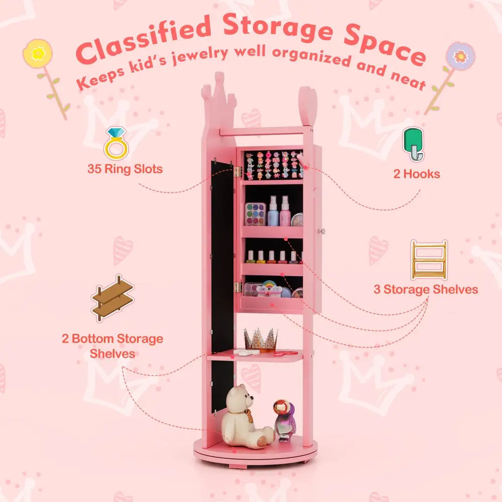 Free-Standing Full Length Mirror Kids Jewelry Armoire Cabinet-Pink - Pink - Kids Vanities