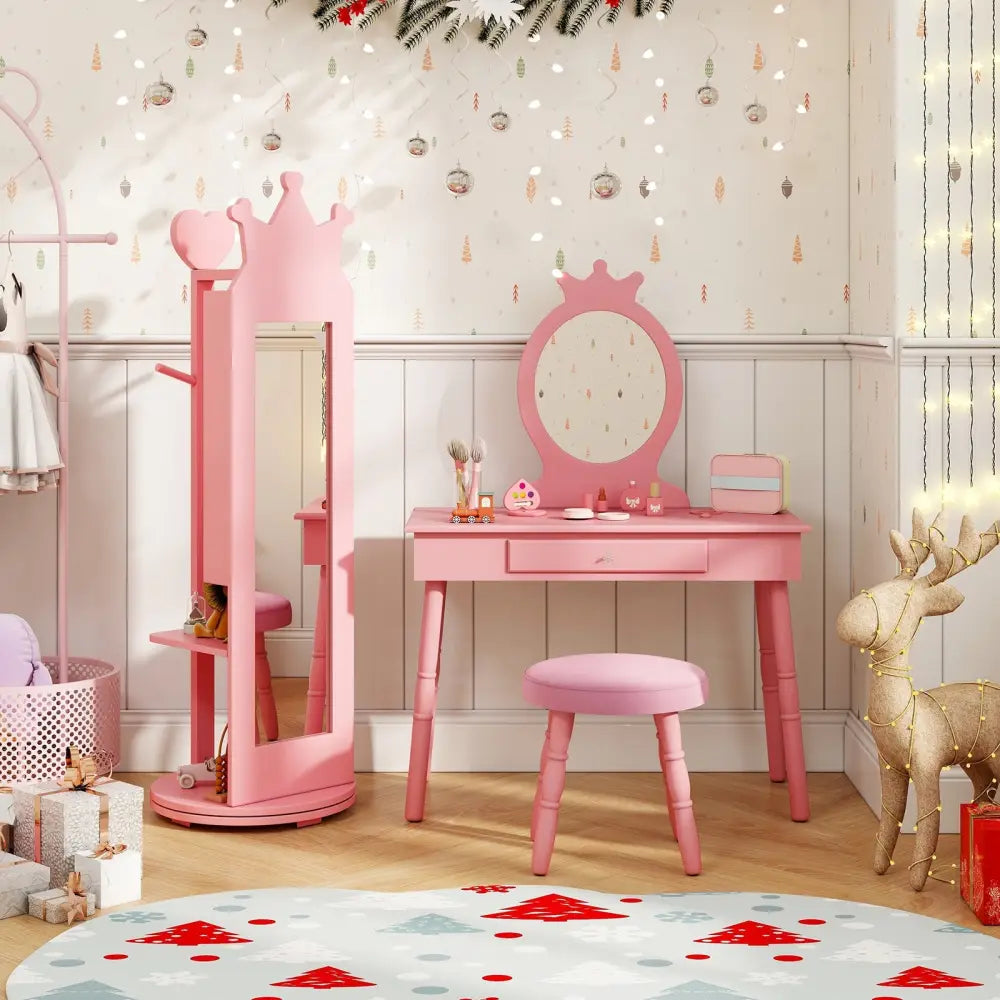 Free-Standing Full Length Mirror Kids Jewelry Armoire Cabinet-Pink - Pink - Kids Vanities