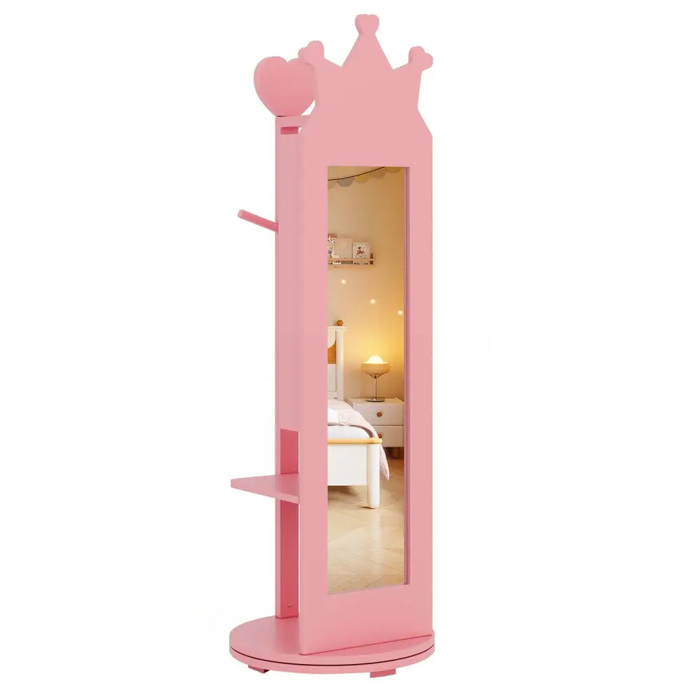 Free-Standing Full Length Mirror Kids Jewelry Armoire Cabinet-Pink - Pink - Kids Vanities