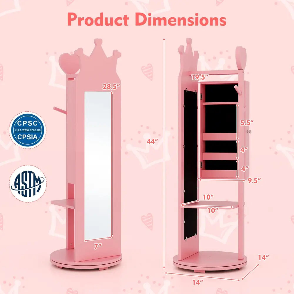 Free-Standing Full Length Mirror Kids Jewelry Armoire Cabinet-Pink - Pink - Kids Vanities