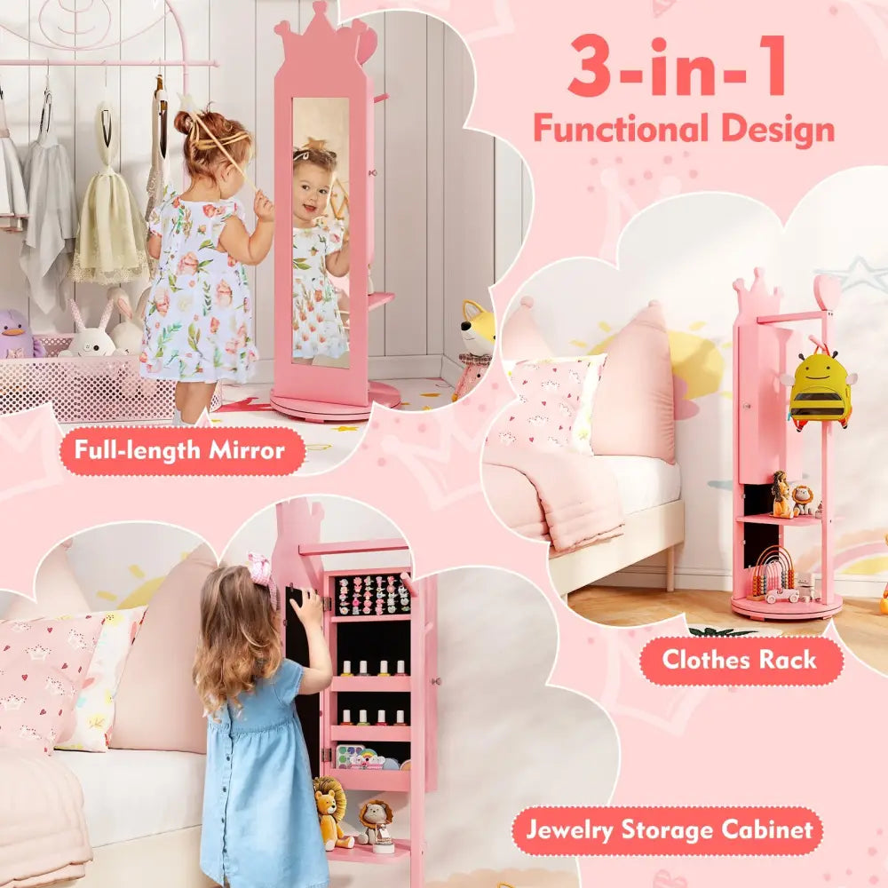 Free-Standing Full Length Mirror Kids Jewelry Armoire Cabinet-Pink - Pink - Kids Vanities