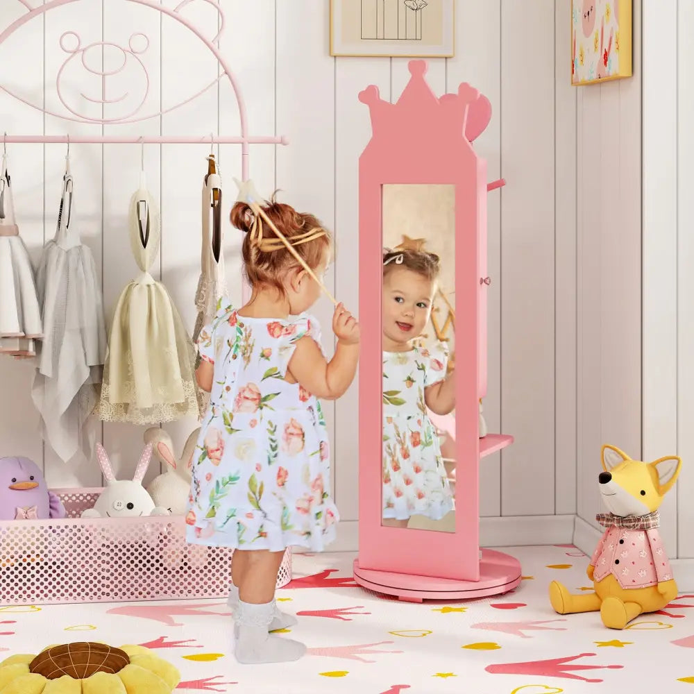 Free-Standing Full Length Mirror Kids Jewelry Armoire Cabinet-Pink - Pink - Kids Vanities