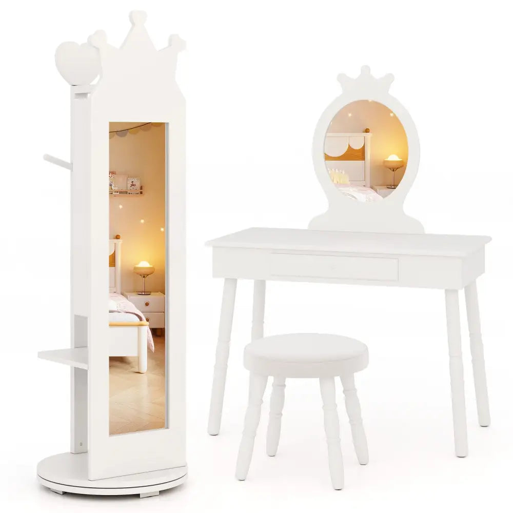 Free-Standing Full Length Mirror Kids Jewelry Armoire Cabinet-White - White - Kids Vanities