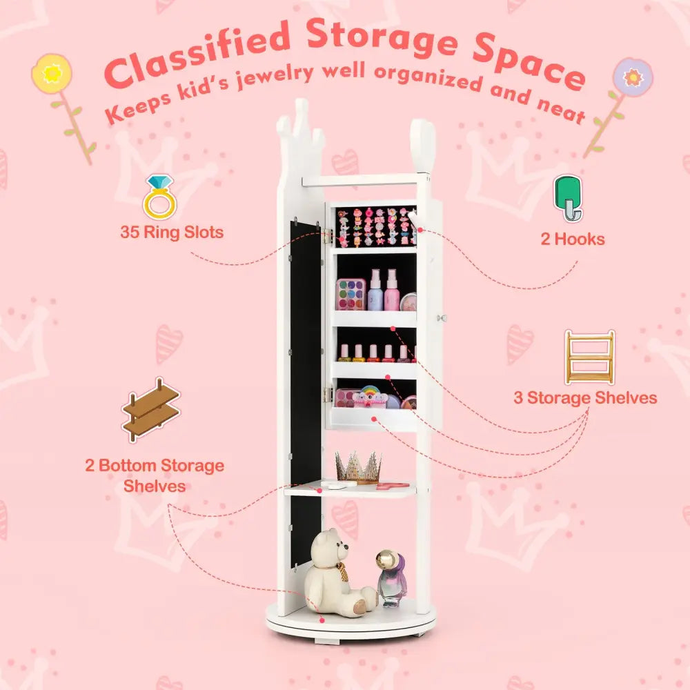 Free-Standing Full Length Mirror Kids Jewelry Armoire Cabinet-White - White - Kids Vanities