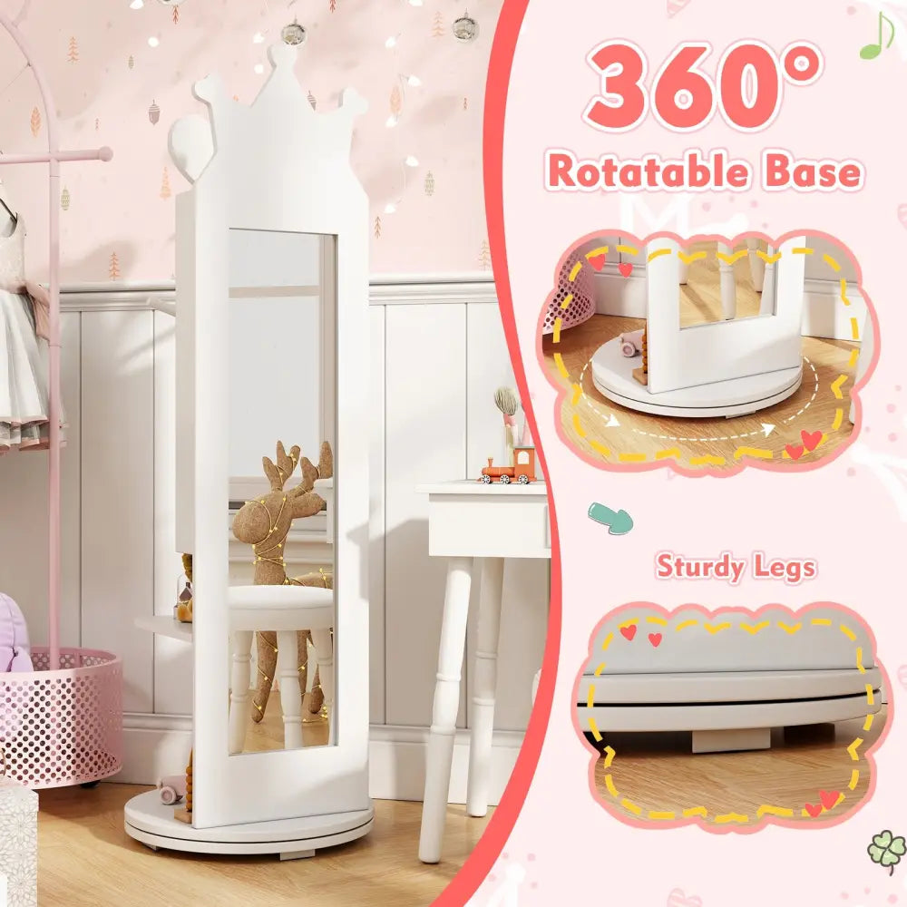 Free-Standing Full Length Mirror Kids Jewelry Armoire Cabinet-White - White - Kids Vanities