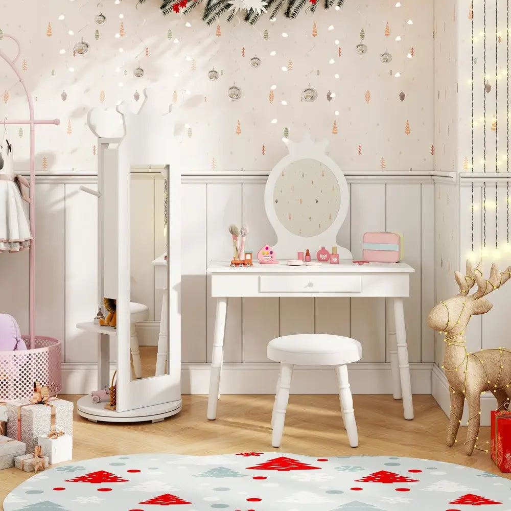 Free-Standing Full Length Mirror Kids Jewelry Armoire Cabinet-White - White - Kids Vanities