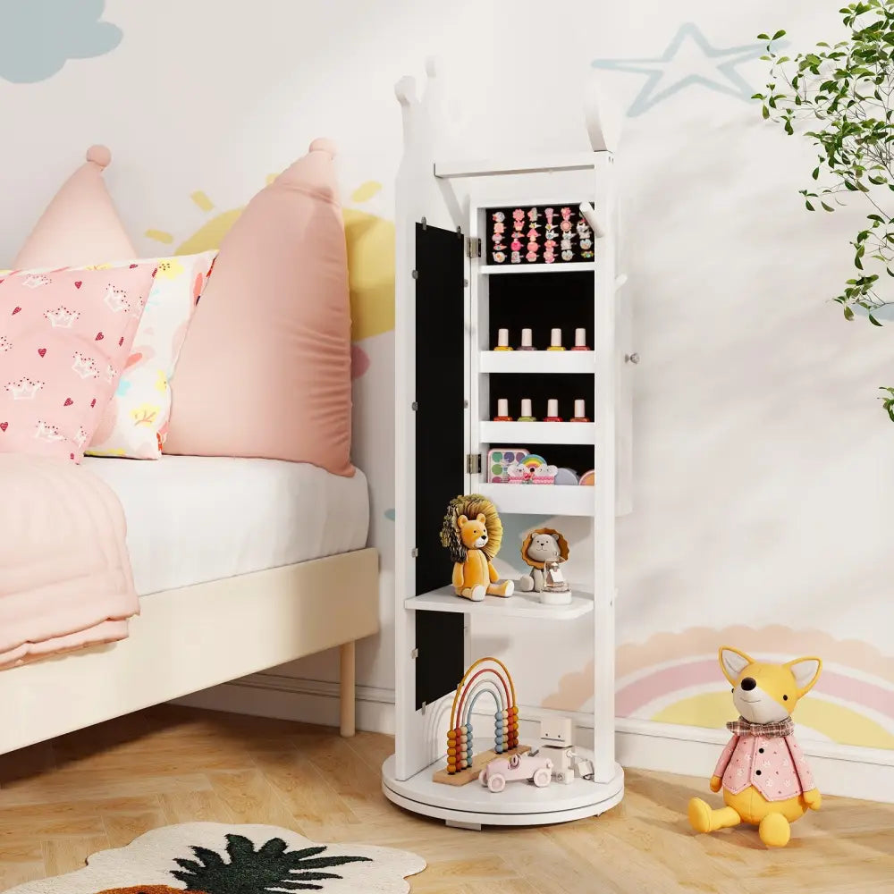 Free-Standing Full Length Mirror Kids Jewelry Armoire Cabinet-White - White - Kids Vanities