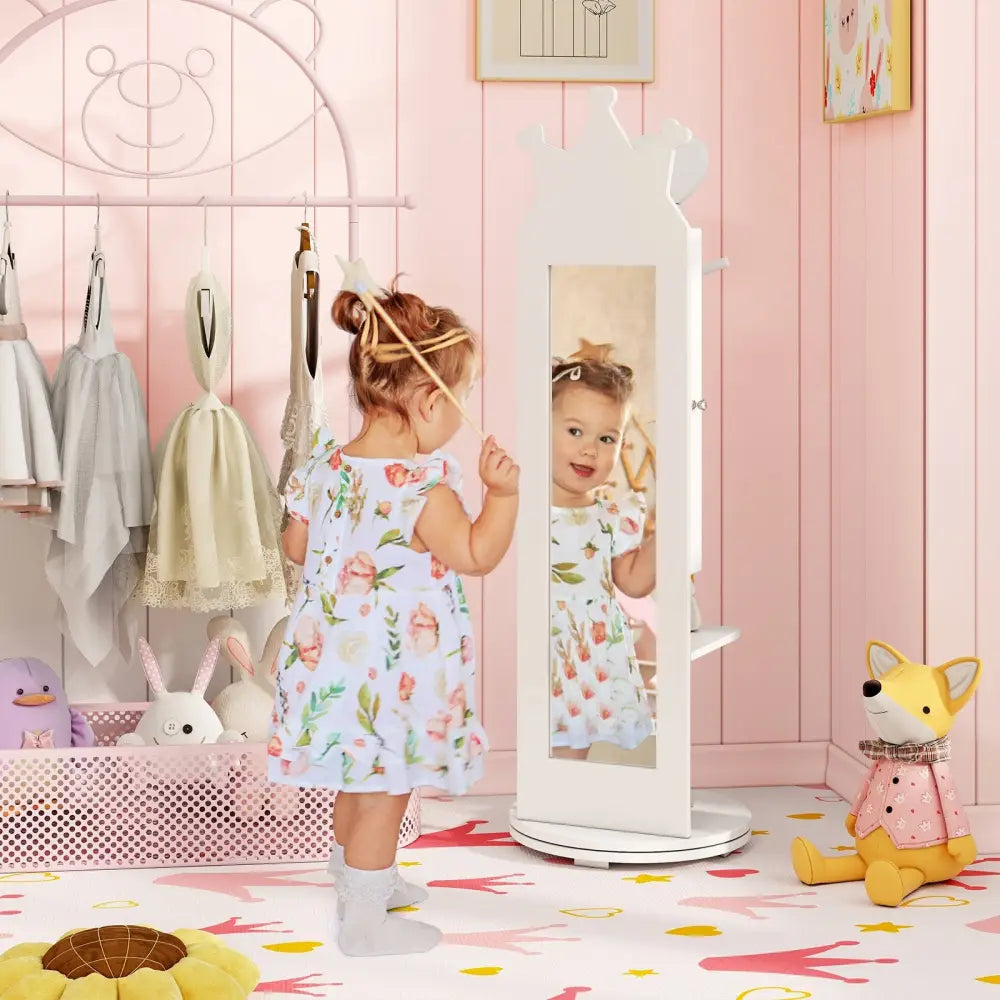 Free-Standing Full Length Mirror Kids Jewelry Armoire Cabinet-White - White - Kids Vanities