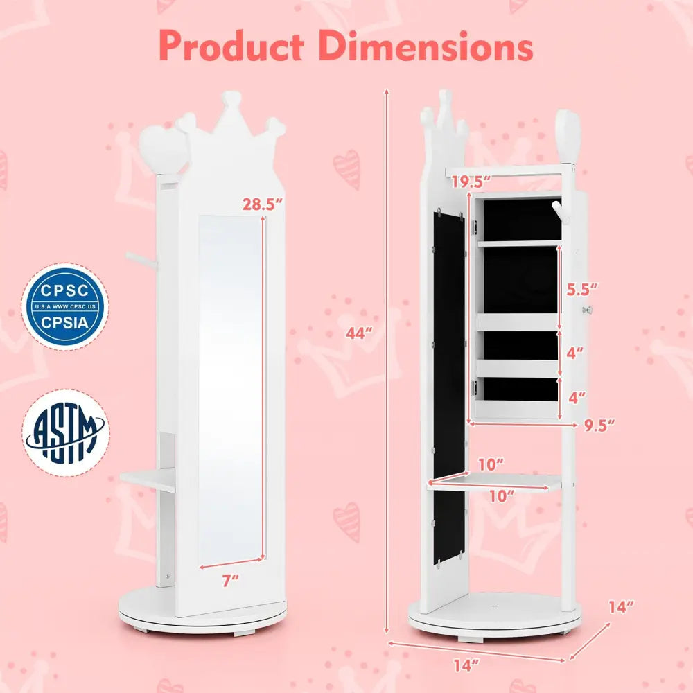 Free-Standing Full Length Mirror Kids Jewelry Armoire Cabinet-White - White - Kids Vanities