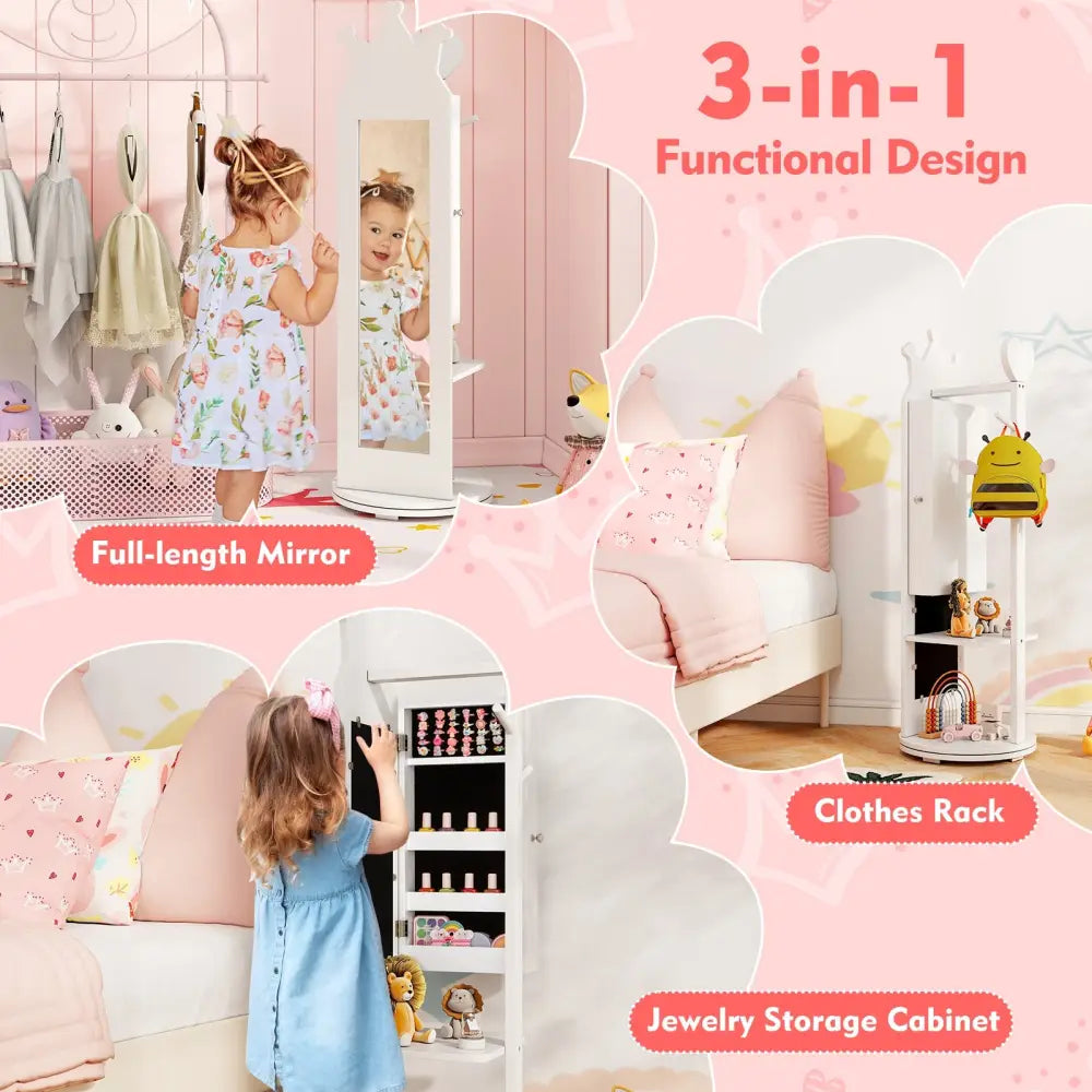 Free-Standing Full Length Mirror Kids Jewelry Armoire Cabinet-White - White - Kids Vanities