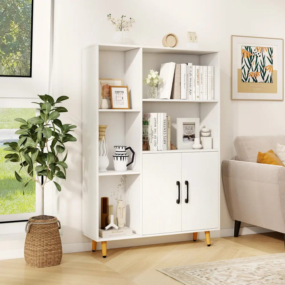 Free Standing Pantry Cabinet with 2 Door Cabinet and 5 Shelves - White - Bookcases