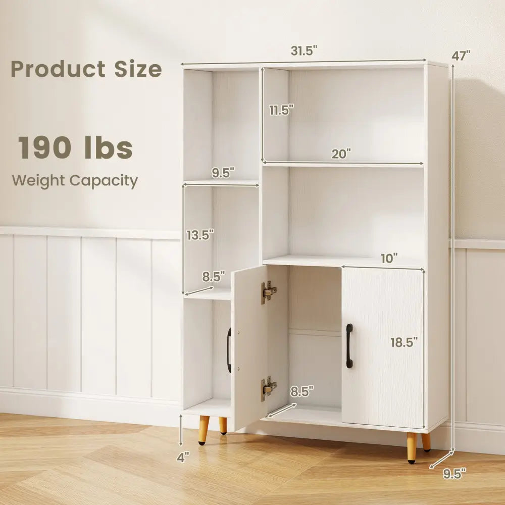 Free Standing Pantry Cabinet with 2 Door Cabinet and 5 Shelves - White - Bookcases