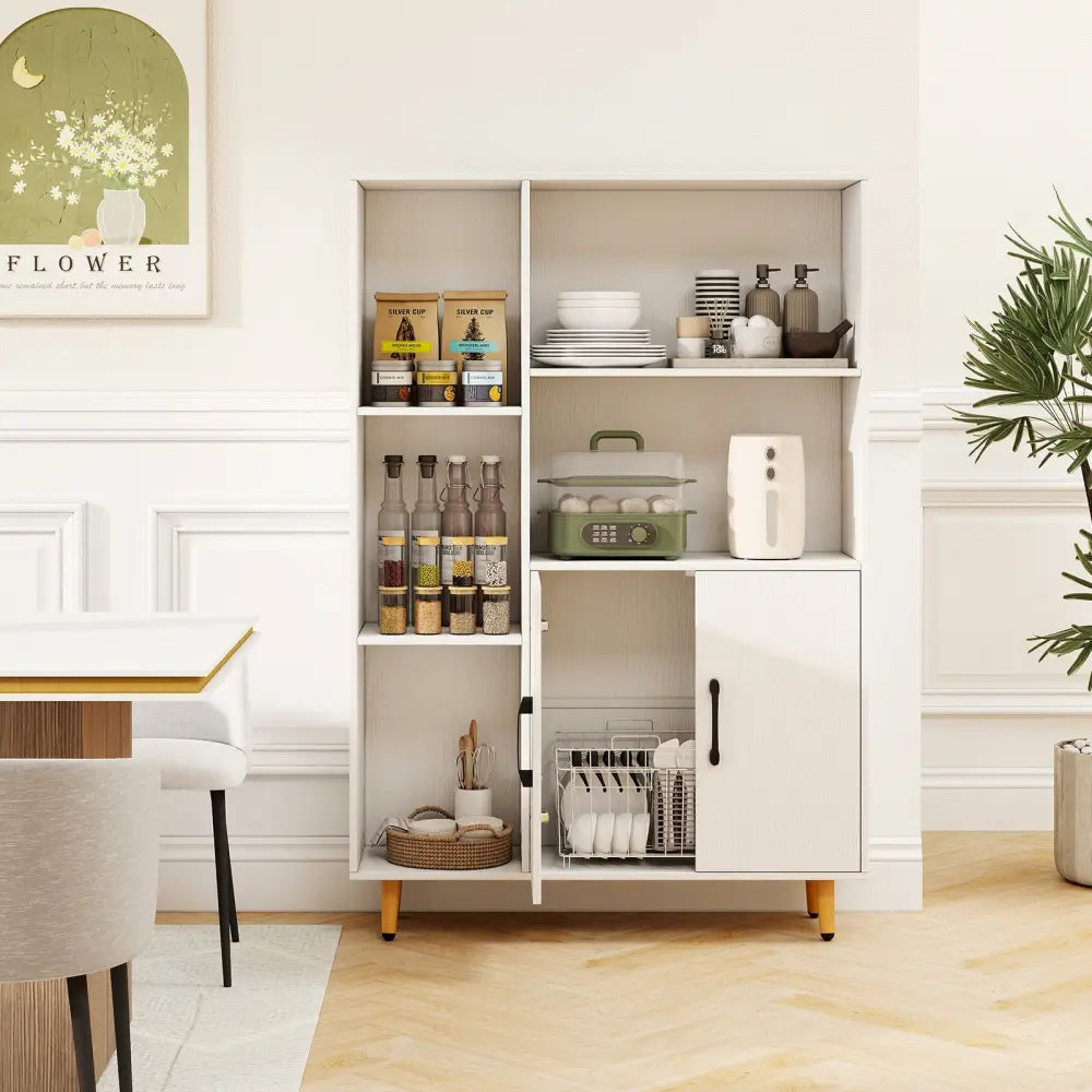 Free Standing Pantry Cabinet with 2 Door Cabinet and 5 Shelves - White - Bookcases